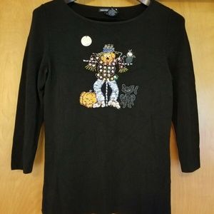 Sequin Embellished Black Halloween Shirt Top Sequin Beads Scarcrow Size Small
